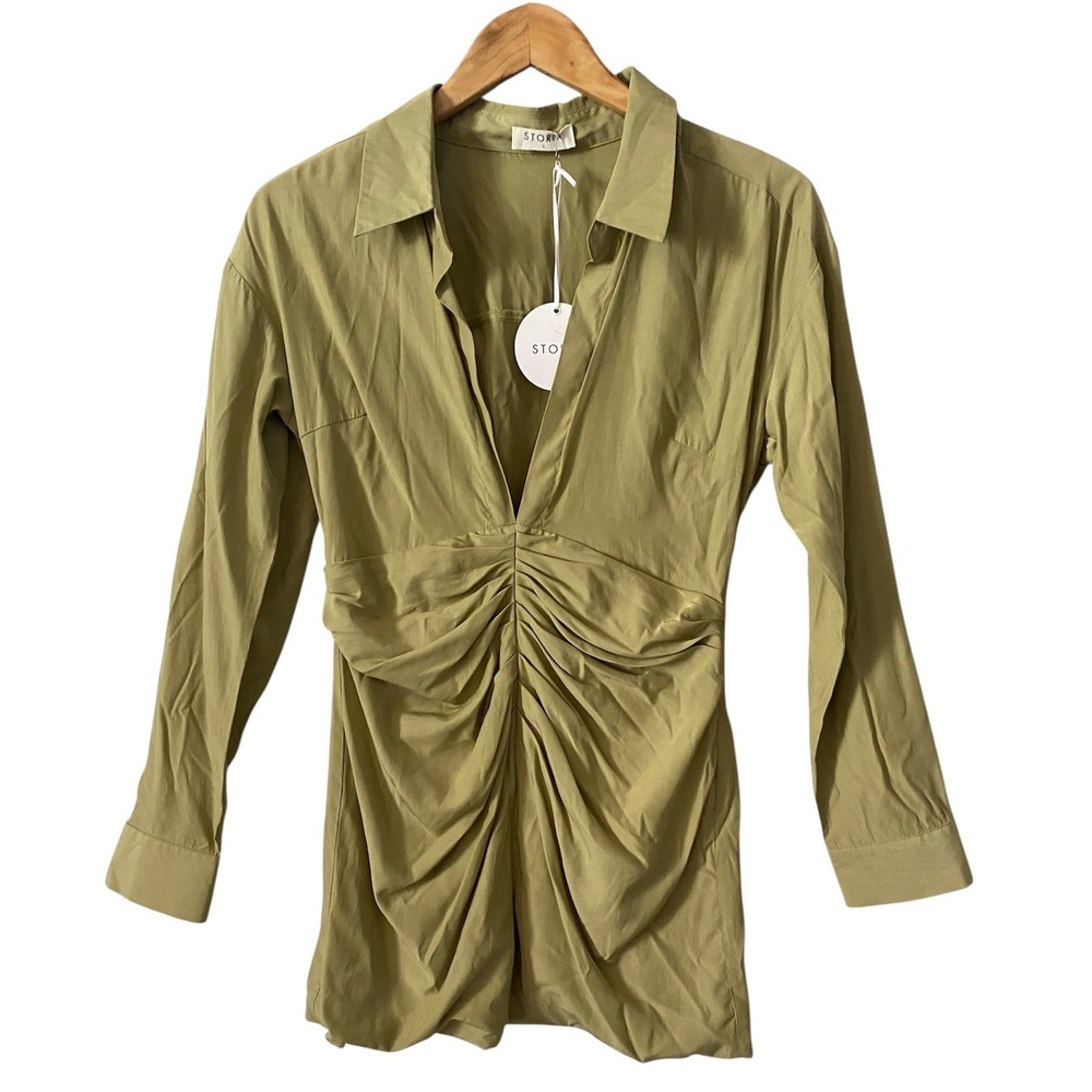 Storia Anthropologie Women Olive Green Ruched Deep V-Neck Mini Dress Size S NWT